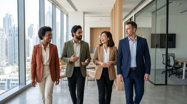 diverse group of four business professionals walks together through a bright contemporary office while engaging in a friendly conversation