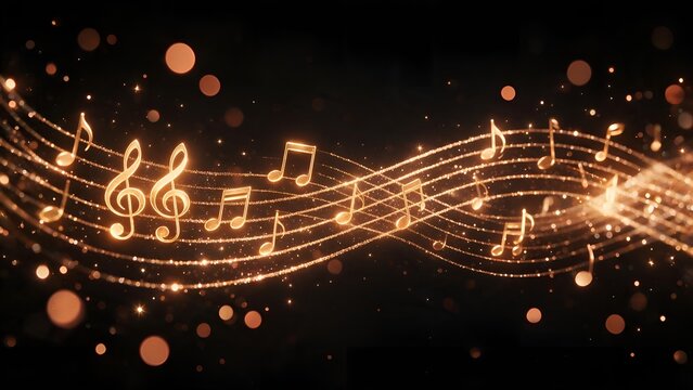 Glowing golden musical notes floating on sparkling waves of light across a dark background creating an elegant artistic display for celebrations or sophisticated music events