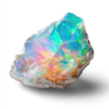 Raw iridescent opal crystal specimen with rainbow play of color isolated on transparent background
