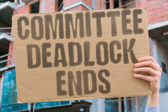 "Committee Deadlock Ends" A committee deadlock ends after a surprise compromise amendment. COMMITTEE. DEADLOCK. ENDS. COMPROMISE. AMENDMENT.
