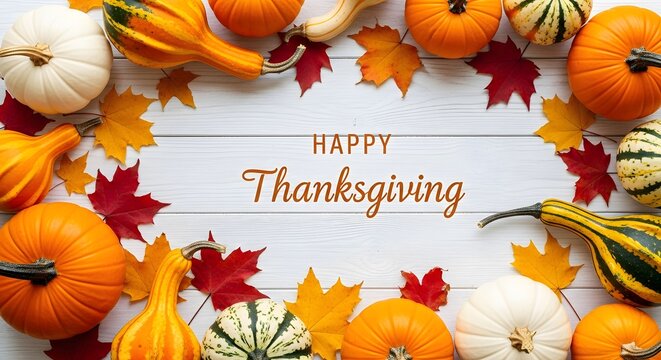 Happy thanksgiving greeting card with a frame of colorful pumpkins and autumn leaves on white wooden background