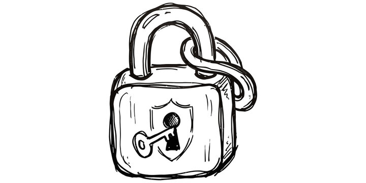 Hand drawn security padlock with key on transparent background