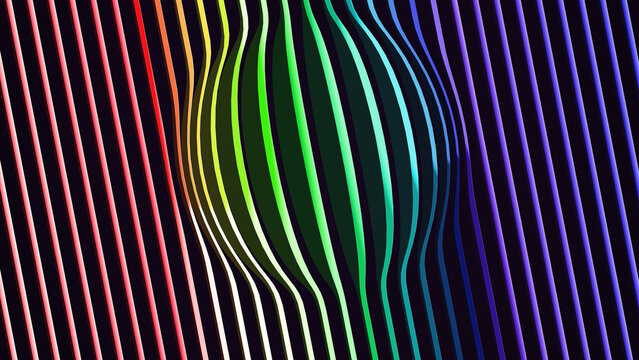 Abstract colorful striped background with a central bulge creating a dynamic optical illusion for modern design.