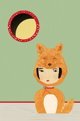 Cute child in fox costume in a simple room