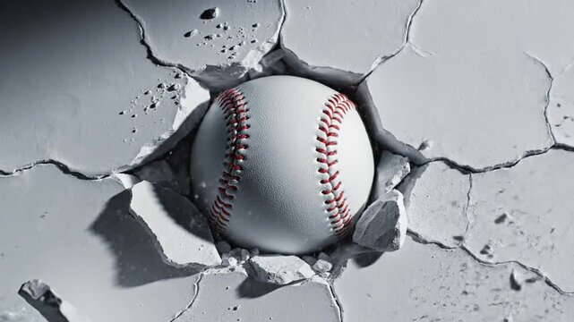 Minimalist concept showing a white baseball impacting a solid wall with cracks and power for sports design