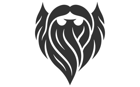 Viking beard logo, tribal vector illustration of a bearded warrior face. Black line art graphic for identity, tattoo design, and gaming icon isolated on White Background
