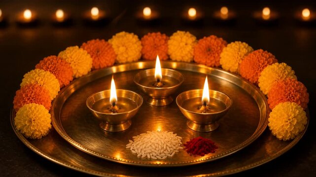 Bright brass diyas glowing with warm flames on a decorated tray
