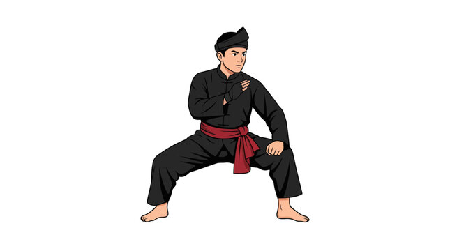 Traditional martial arts pencak silat fighter in black uniform stance

