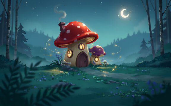 Fairy mushroom cottage nestled in a moonlit forest with glowing fireflies