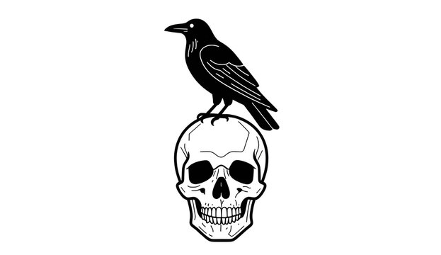 Black Raven Perched on Human Skull Linework Vector Illustration, Gothic Tattoo Art Design