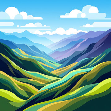 Nature A stunning mountain valley landscape vector illustration featuring rolling hills and distant purple peaks under a bright blue sky with