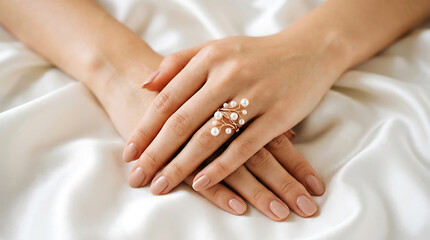 Fototapeta premium Close-up of woman's hand showing pearl wire ring