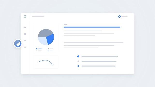 Business data dashboard interface with animated pie chart and analytics graphs