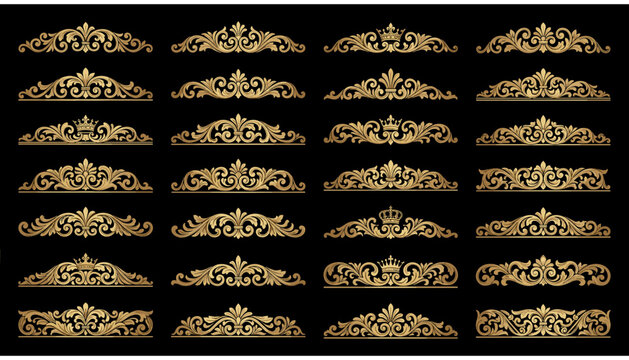 Set of ornate golden decorative pediments and vintage baroque scrollwork carvings