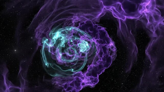 Abstract swirling cosmic nebulas of glowing teal and violet energy in the deep cosmos with a dark starlit background