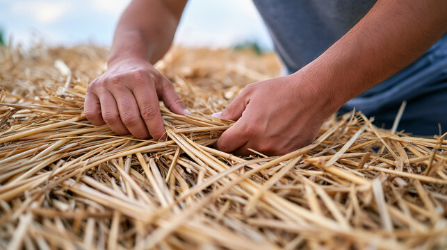 Close up of a thatcher's hands weaving straw across a cottage roof ridge under heavy overcast sky, textured natural material pressed with deliberate repetitive motion, the sensory friendly rhythm of