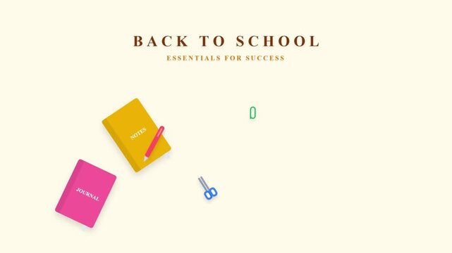 Back to school supplies with colorful notebooks and stationery items animation