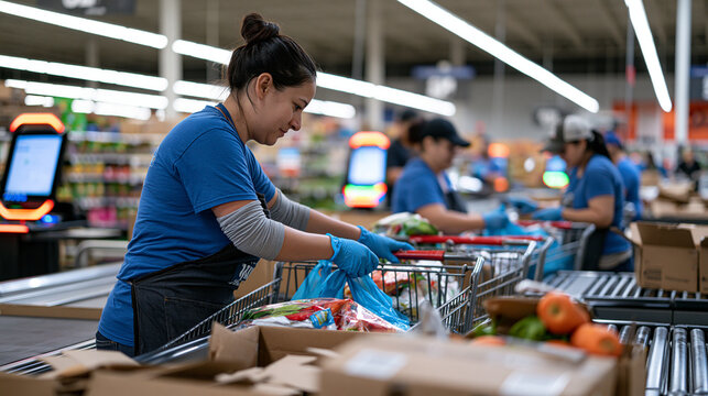 Grocery baggers in an eerily empty supermarket at closing time work in a diverse team stocking and rebagging trolleys, the cavernous space lit by flickering fluorescents, lone automated checkout bli