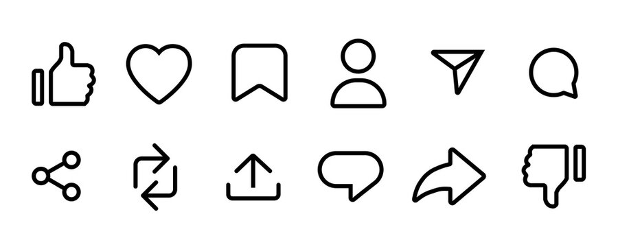 Like, comment, share, save, follower, love heart  icons Social Media react icons.