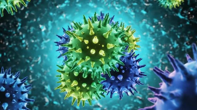 Microscopic view of viruses, showcasing a detailed and colorful representation of their spiky surface, suggesting illness and contagion