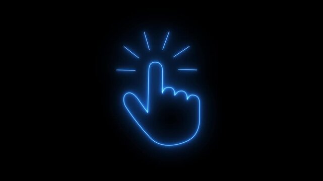 Glowing neon hand mouse cursor icon on black background. hand cursor with click and accent. Mouse pointer hand click icon animation. 4K video.