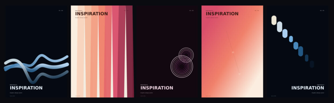 Modern abstract poster set with geometric shapes and gradients. Minimalist cover collection for creative inspiration. Dark aesthetic vector layouts.