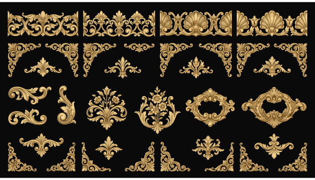 Set of vintage baroque gold ornaments, decorative elements for design, classic rococo style floral motifs, ornate scrollwork frames