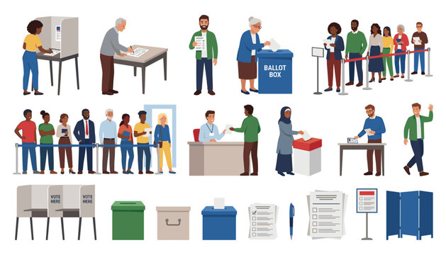Election Voting Process Illustration Collection with Polling Booths, Ballot Boxes, Voters, Election Officials, Queues, Ballots, and Democratic Participation