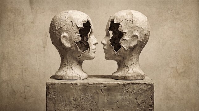 Two antique-style cracked head busts facing each other with empty cavities, symbolizing introspection and broken communication.