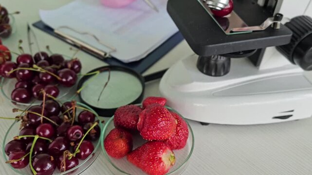 Exploring fruit studies in a lab with a microscope and fresh produce on a table