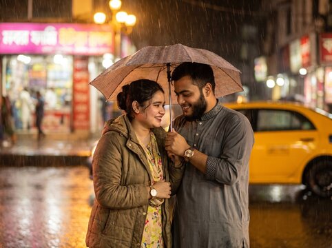 Happy south asian couple smiling under umbrella on rainy city street at night near bright storefronts and yellow taxi cab in dhaka city hub.