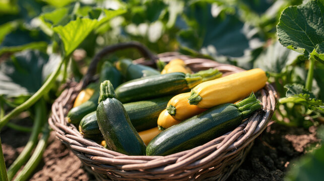 Fresh green and yellow zucchini arranged in a wicker basket among lush garden plants during summer harvest
