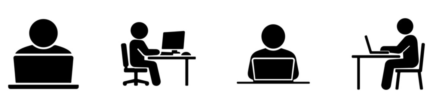 Four black silhouette icons of people sitting at laptops on white background for digital design use.