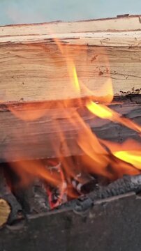 Fire burning wood in a campfire with bright flames and glowing embers at sunset