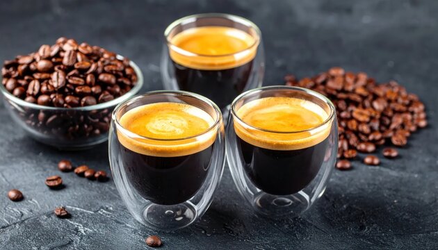 Three espresso cups with rich crema and coffee beans