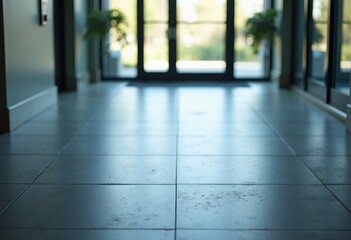 Fototapeta premium Interior hallway with polished tile flooring leading to glass doors, natural light illuminating the space, and potted plants positioned near the entrance