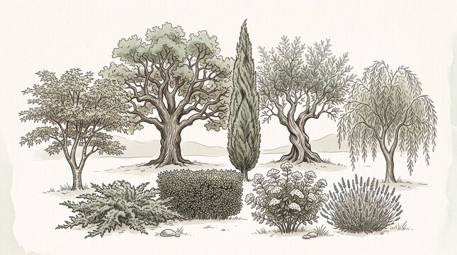 Vintage botanical tree sketches, hand drawn garden landscape elements, antique style forest flora collection for architectural design