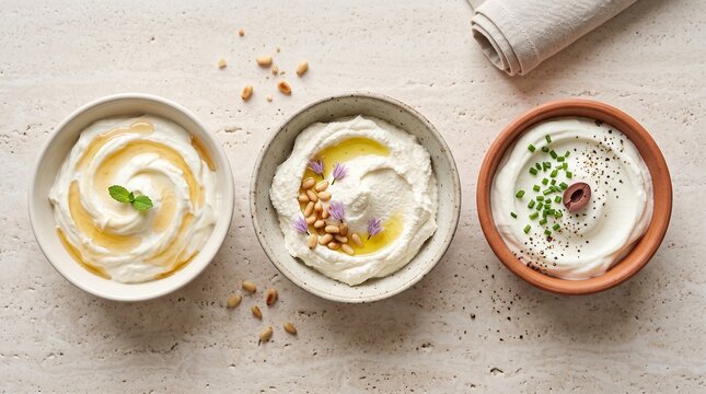 Mediterranean hummus and labneh dips, gourmet appetizer bowls with olive oil and pine nuts, healthy middle eastern food spread