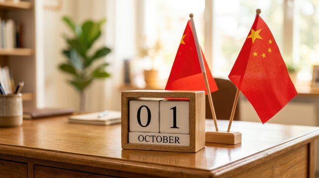 A wooden calendar showing october first placed on a desk next to two small flags of china for the national day in china