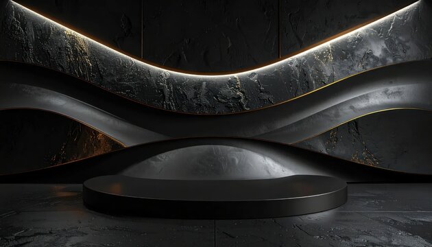 Elegant black stone podium with golden light for product display