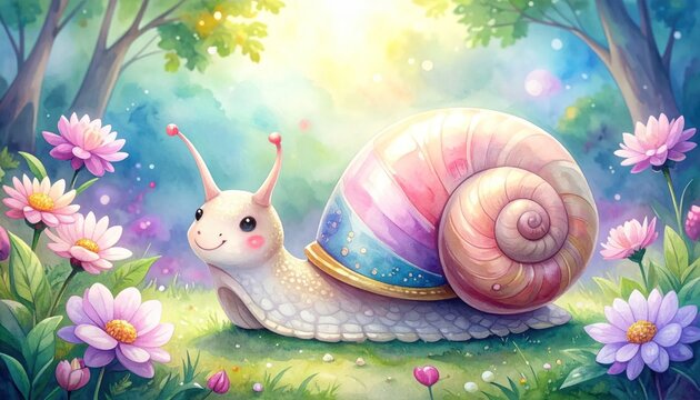 Cute whimsical snail with colorful shell in pastel flower garden