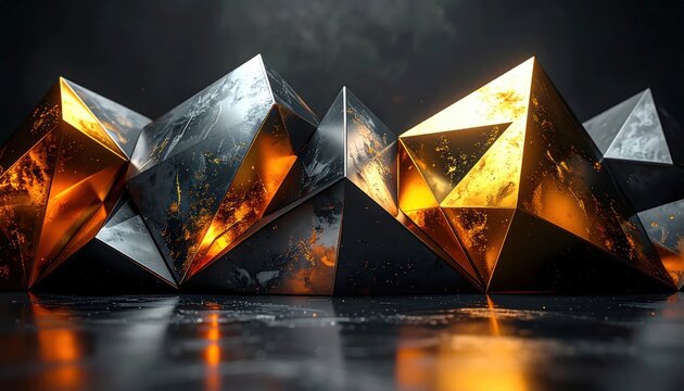 Abstract golden and black geometric crystals with dramatic lighting