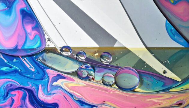Abstract vibrant pink and blue oil droplets with fluid art