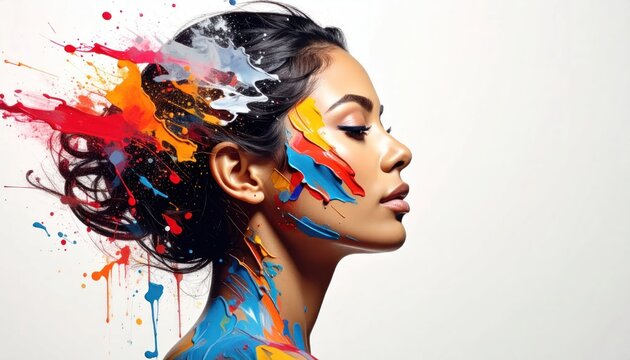 Woman with vibrant paint splashes on face and hair