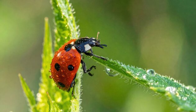 Red ladybug with morning dew drops on green leaf
