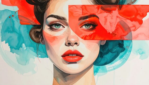 Abstract watercolor portrait of a woman with red lips