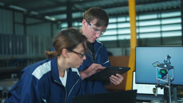 Industrial engineer man and woman discussing factory production on a laptop. Professional cooperation and technological development.