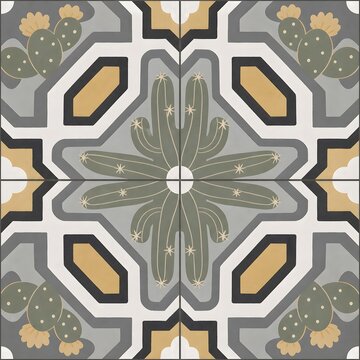 Seamless Mexican tile pattern with cactus motifs in grey, mustard yellow, and sage green, ceramic wall and floor tile design