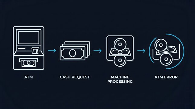 Atm machine cash dispensing process and technical error flowchart illustration with withdrawal