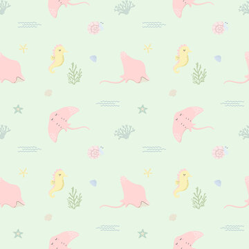 Cute Stingray and Seahorse Ocean Animals Seamless Pattern with Coral and Seashells on Sage Green Background